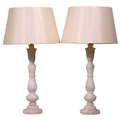 Pair of Vintage Carved Alabaster Table Lamps with Shades