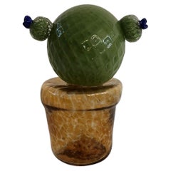 Grüne und bernsteinfarbene Kaktuspflanze aus Murano-Kunstglas, 1990