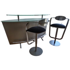 Jansen-Lewis Glass & Stainless Steel Martini Bar and Two Bar Stools