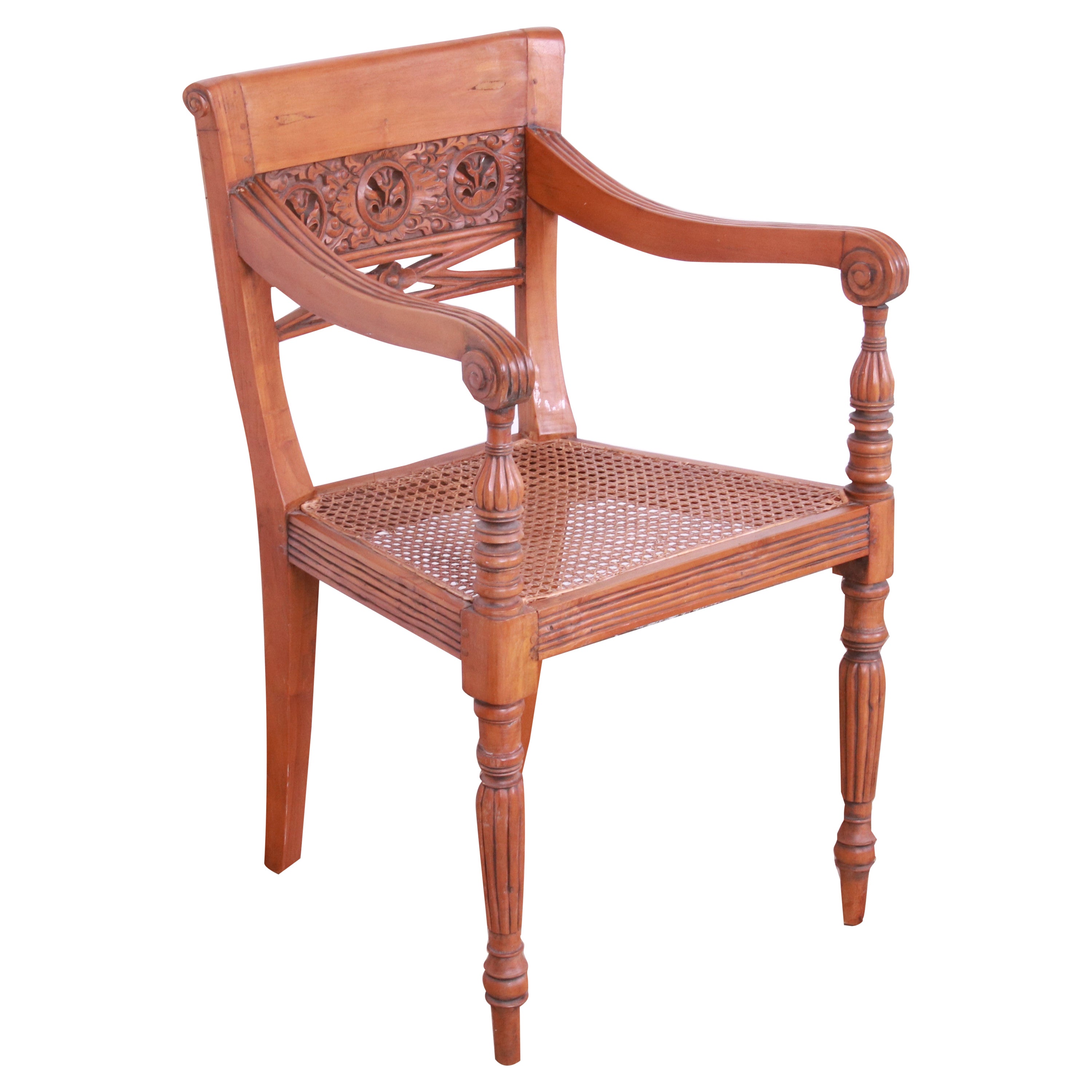 Vintage Regency Carved Walnut and Cane Armchair, Circa 1940s For Sale