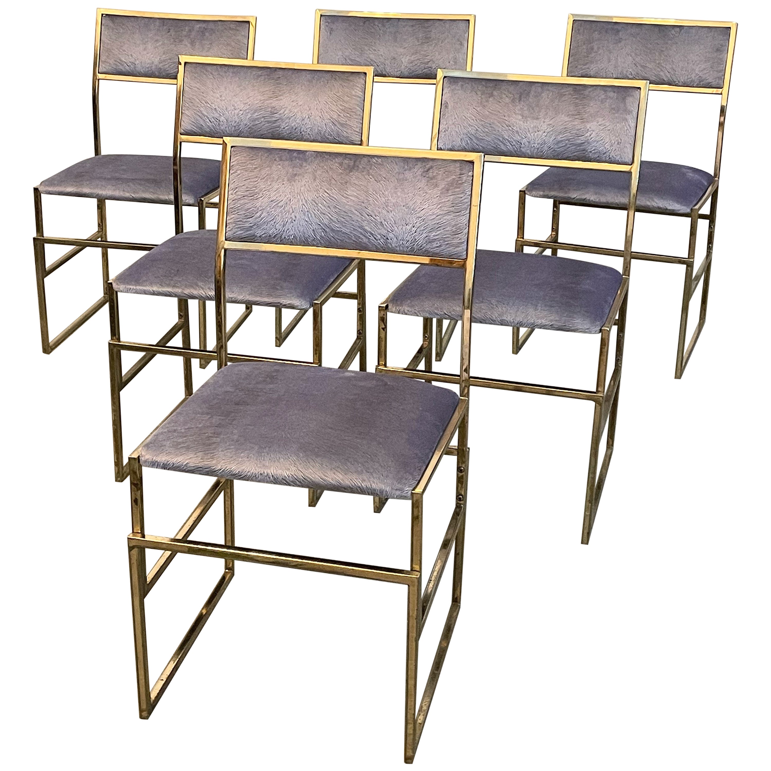 Set of Six Brass and Pistoia Velvet Dining Chairs, Italy, 1970