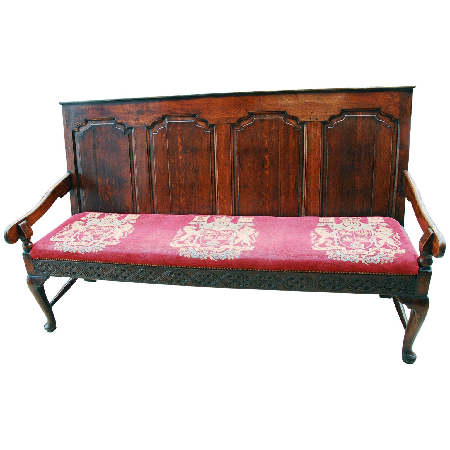 English George II Oak Settle with Paneled Back, Carved Front Rail, Cabriole Legs