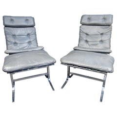 Pair of Italian Tufted Chrome & Leather Lounge Chairs with Ottomans