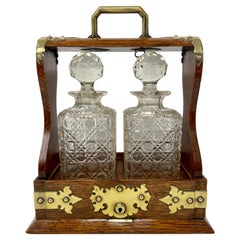 Antique English Oak Cut Crystal 2 Bottle Tantalus, circa 1880