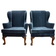Pair of Kittinger Newly Upholstered Navy Blue Velvet Georgian Wingback Chairs