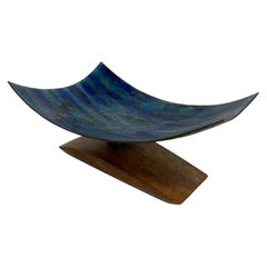 1980s Curved Blue Enamel Sculpture Koa Wood Base