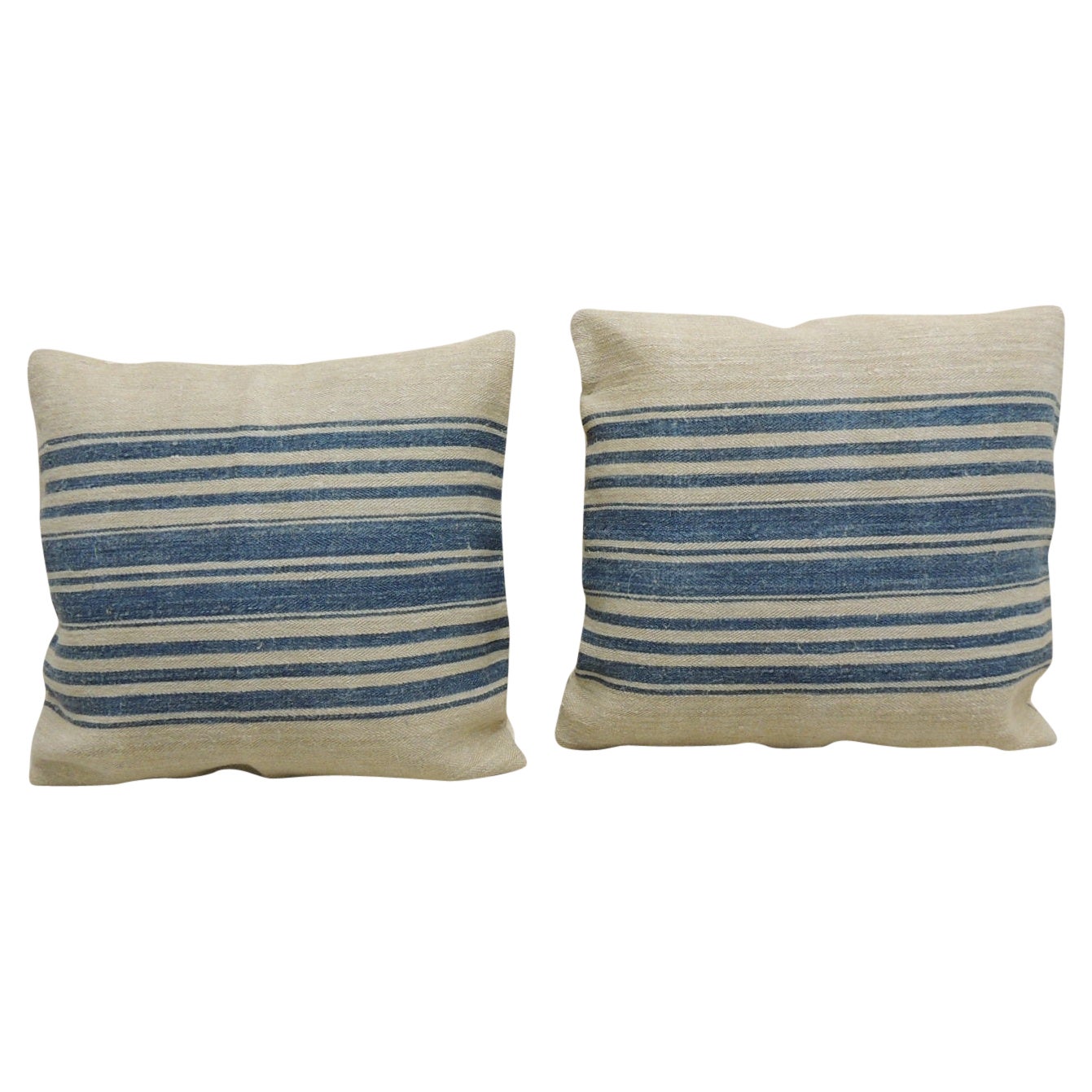 Pair of Blue and Stone French Grain Sack Decorative Square Pillows