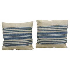 Pair of Blue and Stone French Grain Sack Decorative Square Pillows
