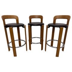 Bruno Rey Brown Leather and Beech Bar Stools for Stendig, 1970s, Set of Three