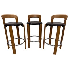 Vintage Bruno Rey Brown Leather and Beech Bar Stools for Stendig, 1970s, Set of Three