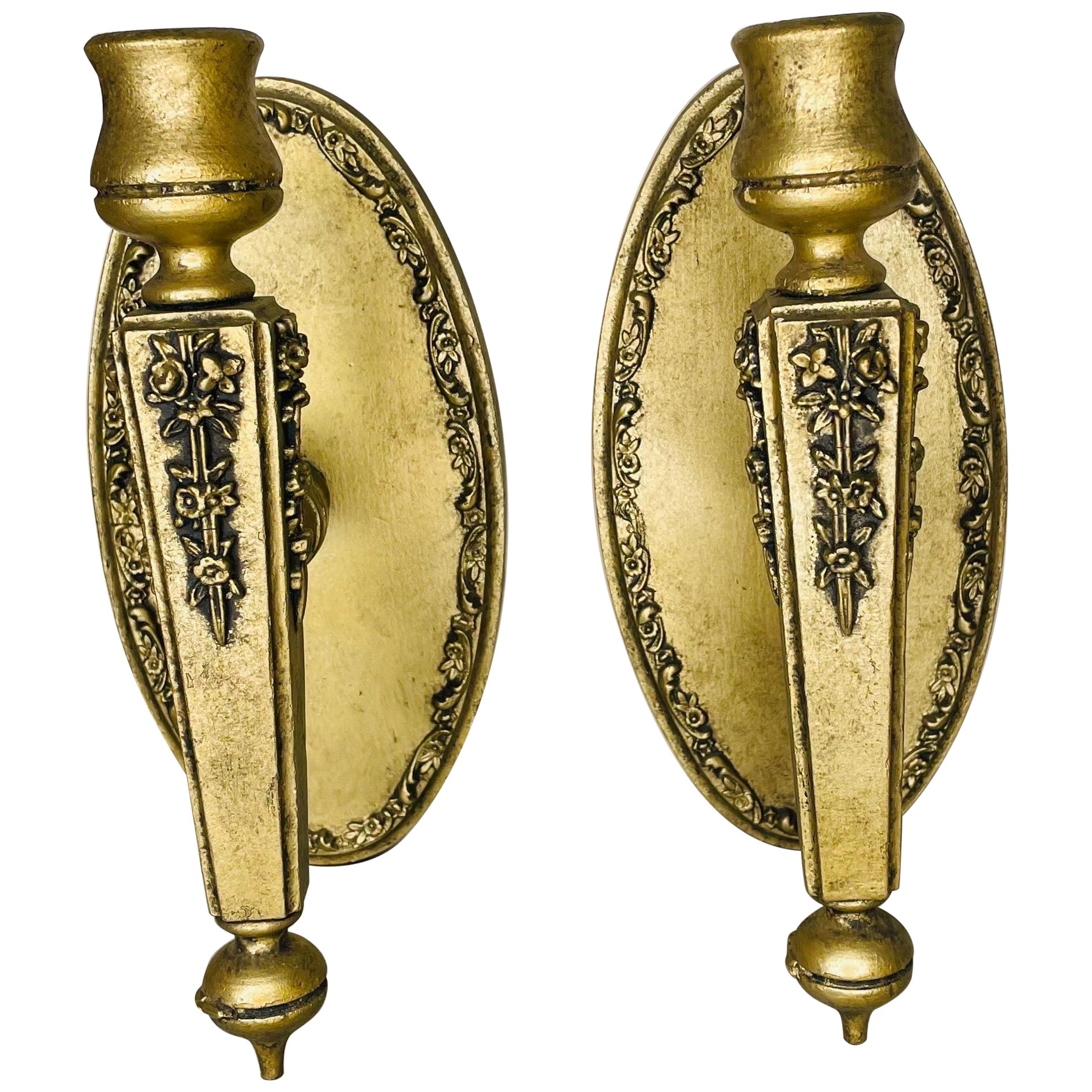 Vintage Gold Giltwood Single-Arm Candle Sconces, a Pair