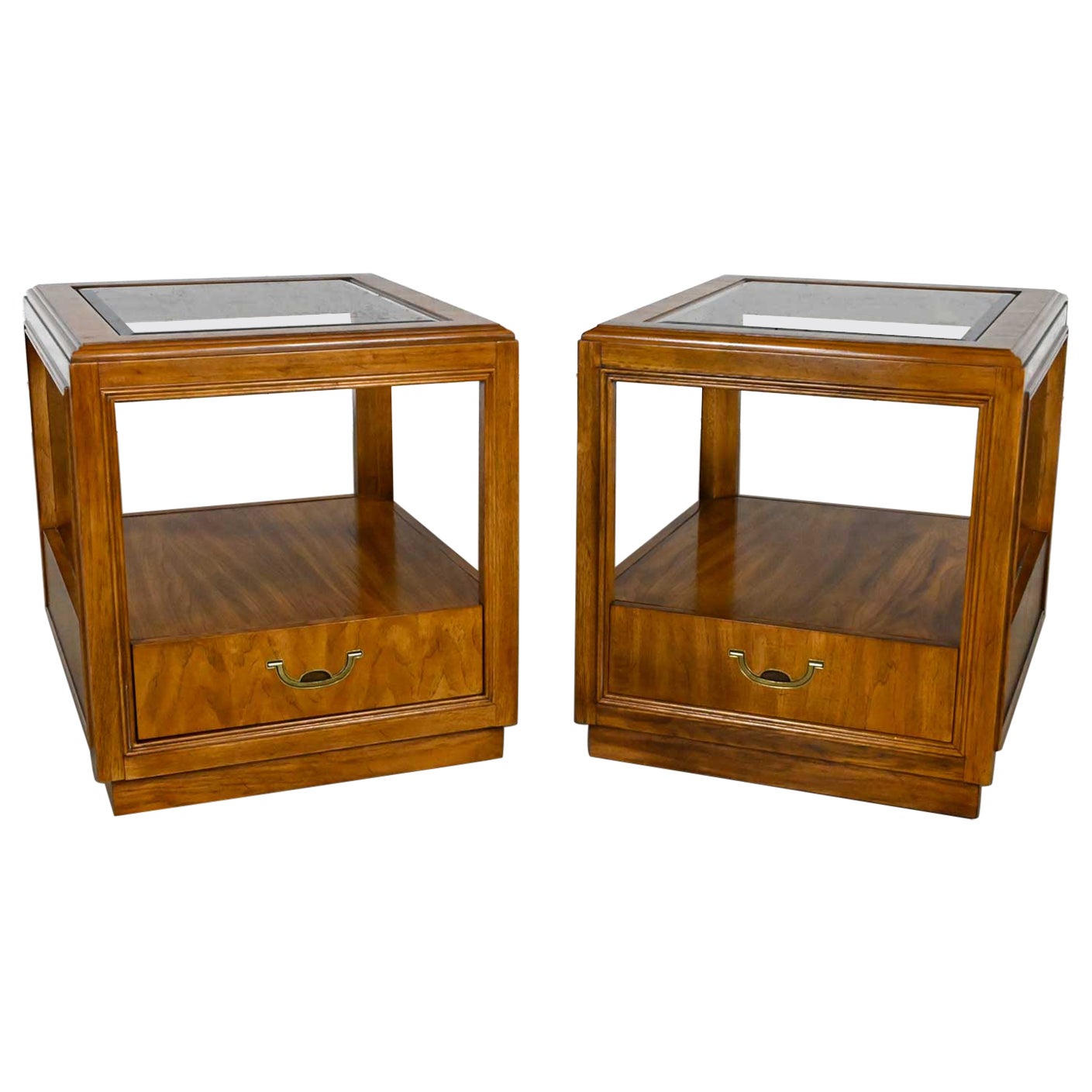Drexel Accolade Collection II Campaign Style Wood End Tables w Glass Tops Insert