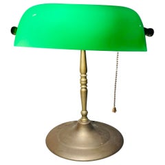 Vintage 1940s Brass Banker Lamp with Green Glass Shade