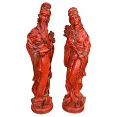 Vintage Asian Style Chinoiserie Faux Cinnabar Large Red Statues Male & Female