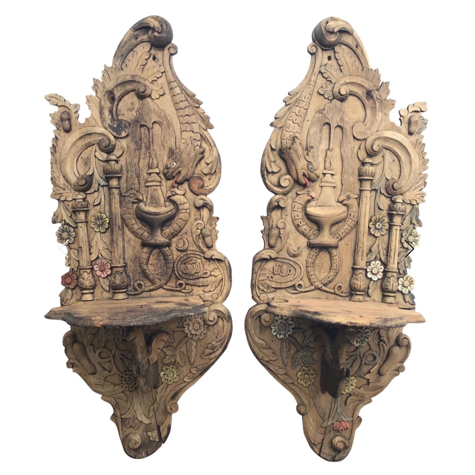 Pair of Carved Wood Wall Brackets or Turban Stands, Kavukluk
