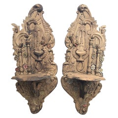 Antique Pair of Carved Wood Wall Brackets or Turban Stands, Kavukluk