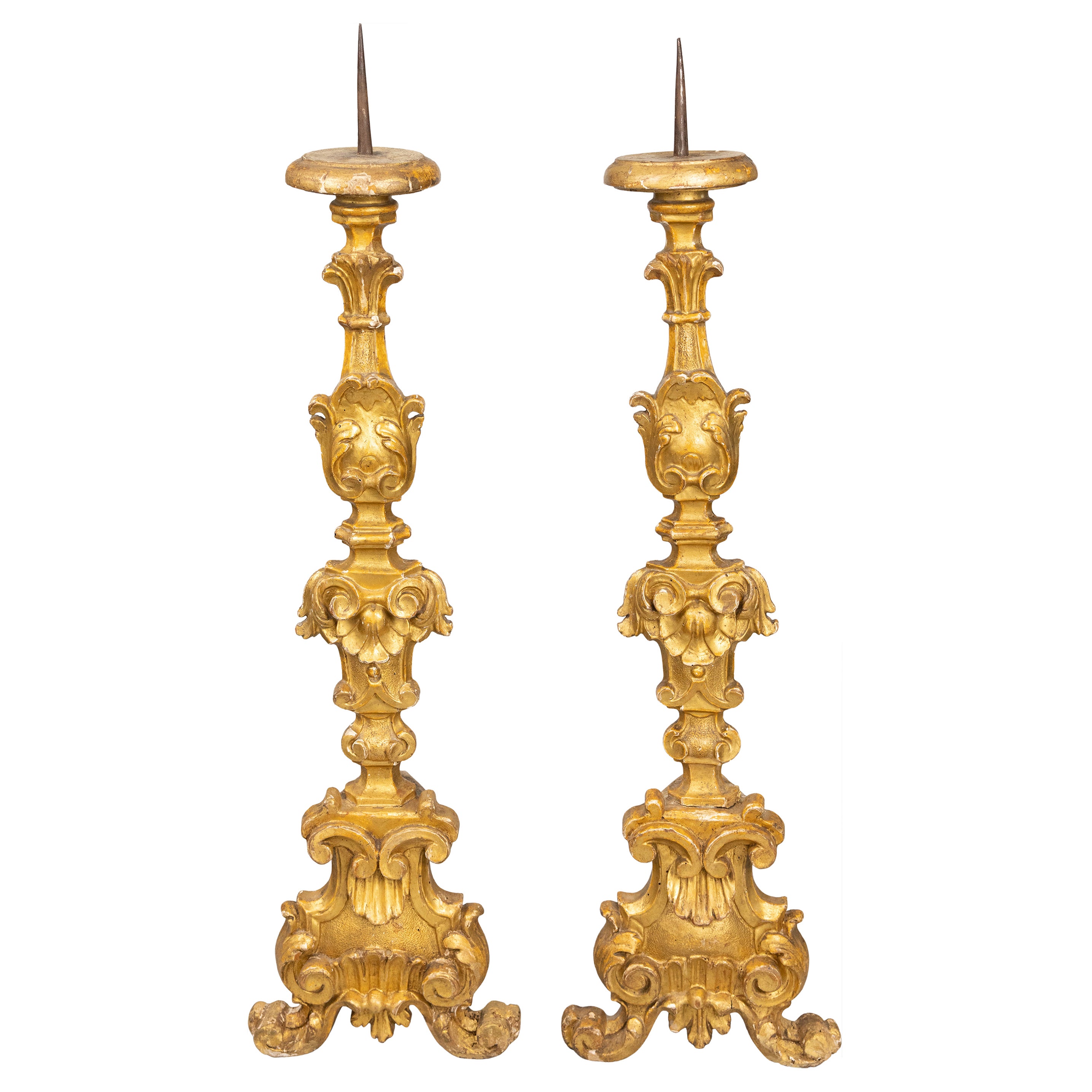 Pair of 19th C. Italian Giltwood Floor Pricket Candlesticks Torchieres For Sale