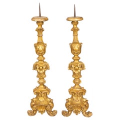Pair of 19th C. Italian Giltwood Floor Pricket Candlesticks Torchieres