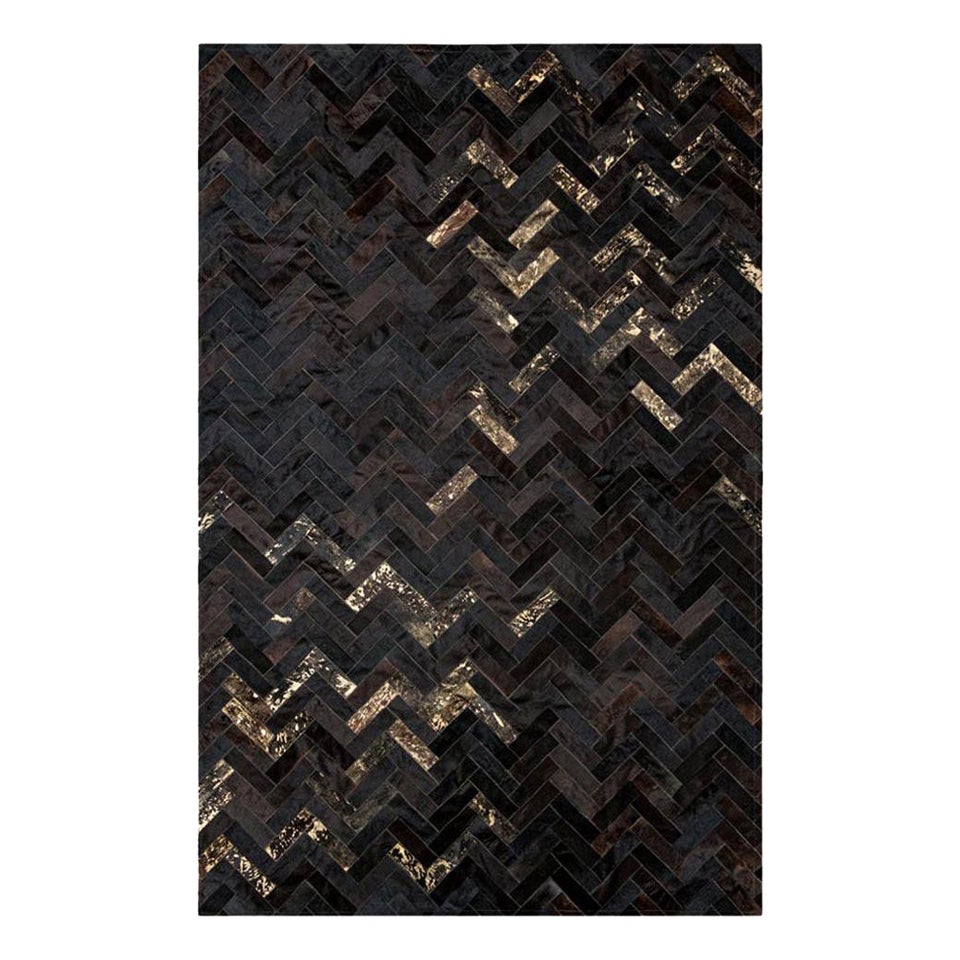 Black and Gold Customizable Art Deco Estrella Cowhide Area Floor Rug XX-Large For Sale