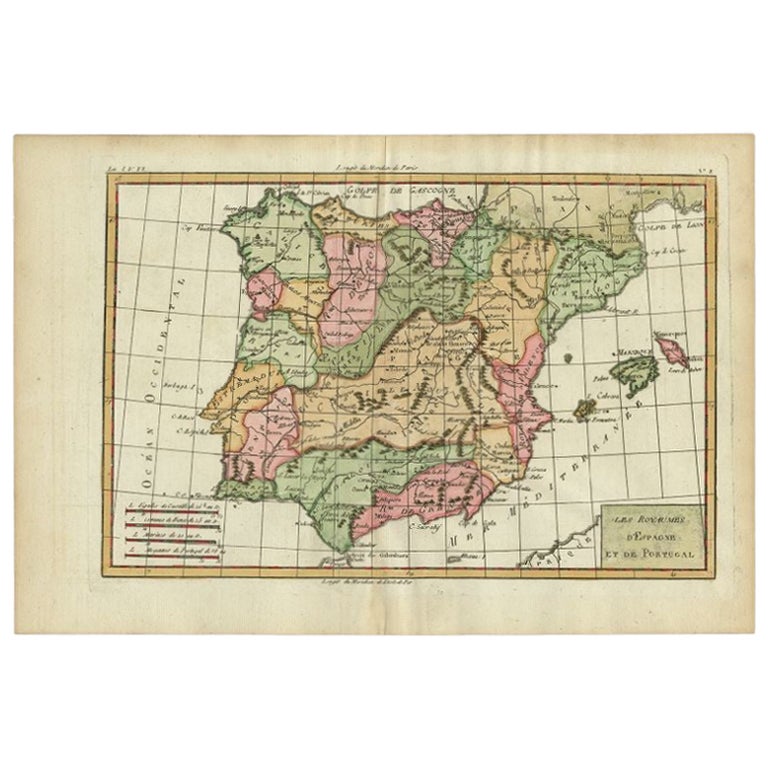 Antique Map of Spain and Portugal by Bonne, 1780 For Sale