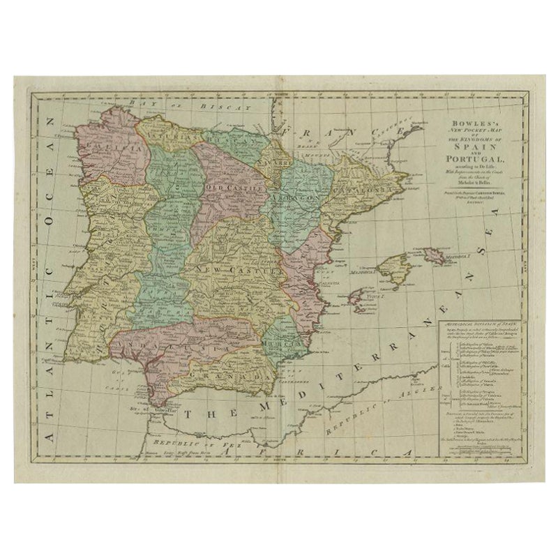 Antique Map of Spain and Portugal by Bowles, c.1780