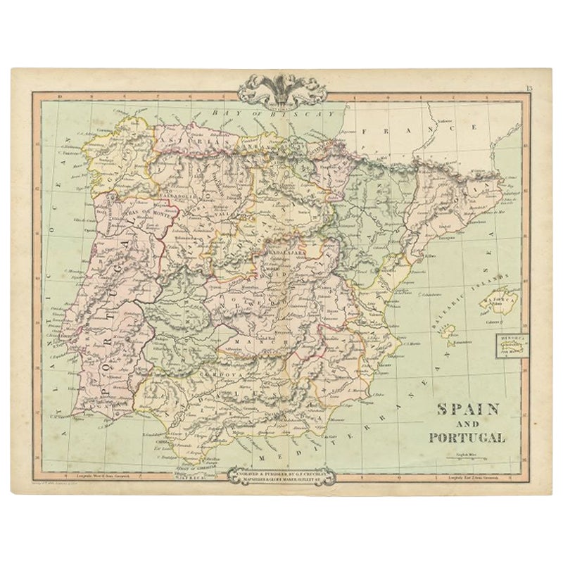 Antique Map of Spain and Portugal by Cruchley, 1854 For Sale