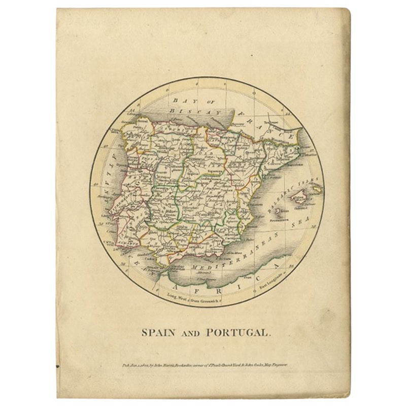 Carte ancienne d'Espagne et du Portugal par Harris, 1802