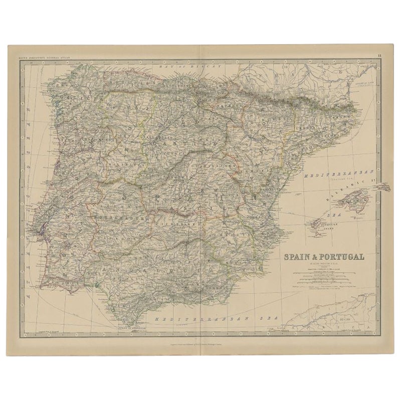 Antique Map of Spain and Portugal, 1882 For Sale