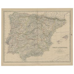 Antique Map of Spain and Portugal, 1882