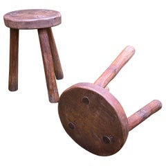 Set of two Rustic Bohemian French Milking stools In Oak, ca. 1950s