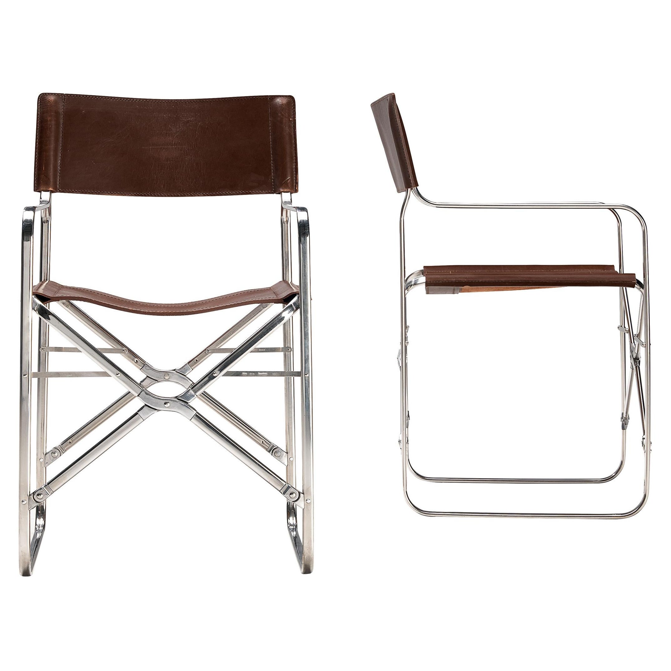 Gae Aulenti for Zanotta Pair of Folding Chairs in Steel and Patinated Leather