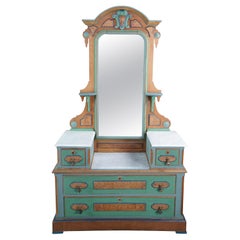 Antique Victorian Oak & Birdseye Maple Dropwell Mirrored Marble Vanity Dresser