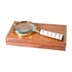 Antique Table Magnifier, with Bone Handle, Case in Wood, Italy