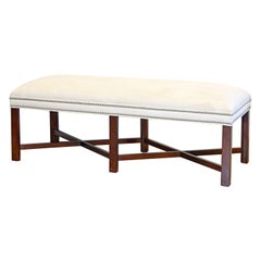Chippendale Style Upholstered X-Stretcher Mahogany Bench of Generous Proportions