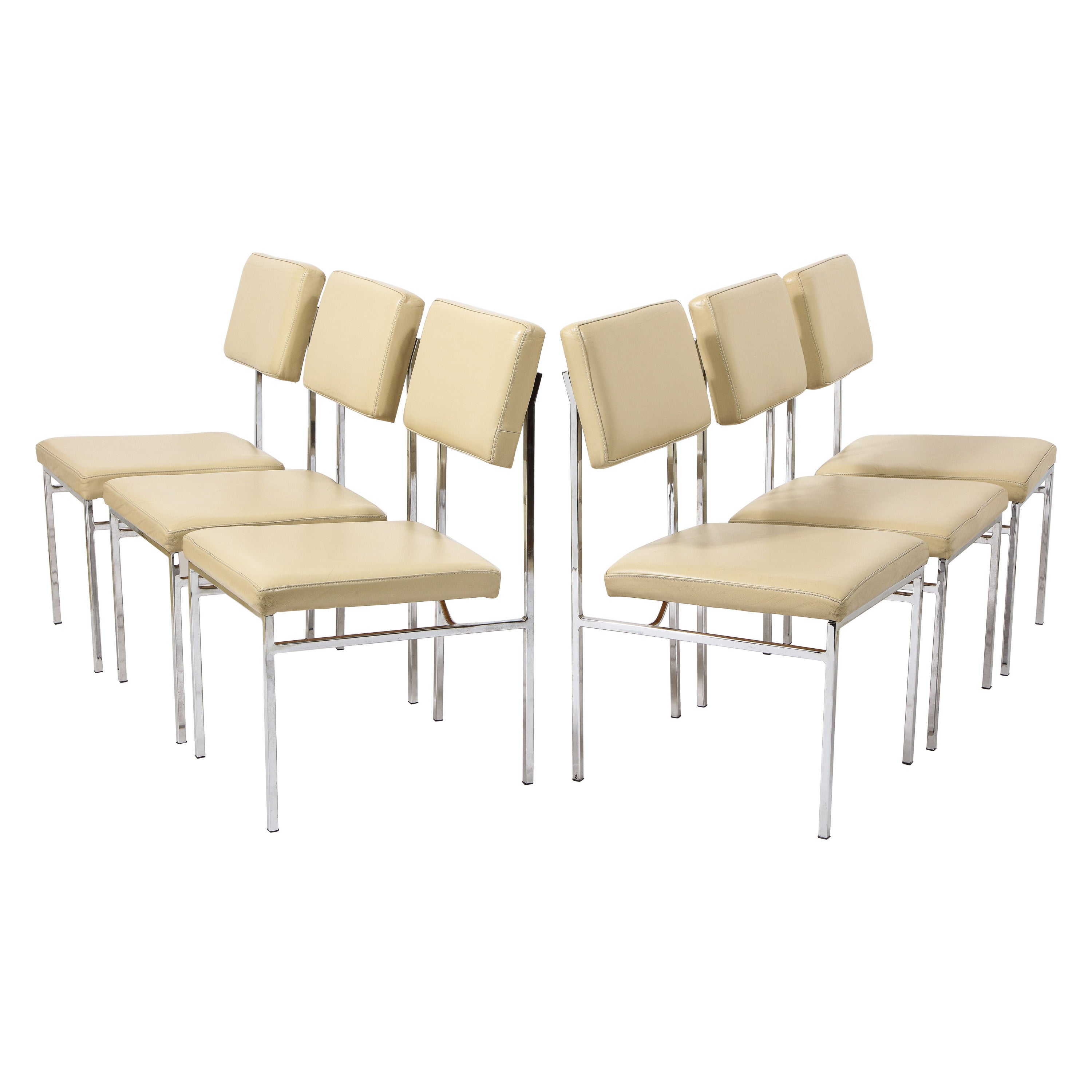 6 Chrome and Cream Leather P60 Chairs by Philippon & Lecoq, France, 1960's