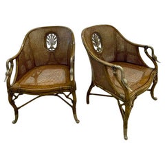 Vintage French Design, Arm Chairs, Tortoise, Brown Cane, Silver, France, 1950s