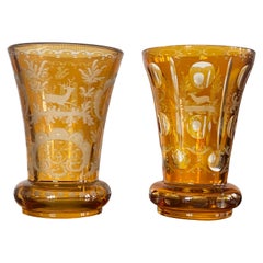 Two French Hand Blown and Hand Engraved Yellow Crystal Vases