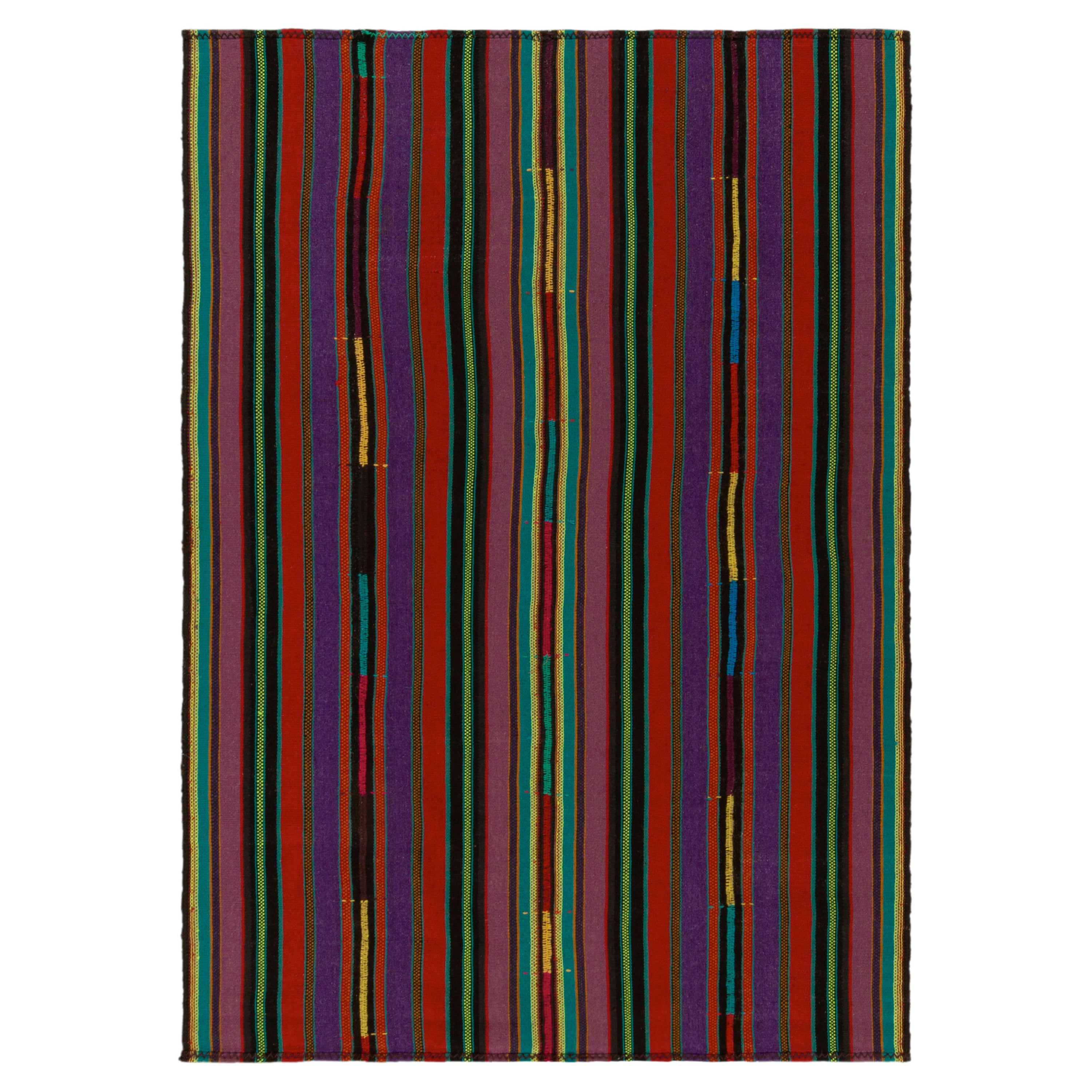 1950s Vintage Kilim Style in Red, Purple, Green Stripe Patterns by Rug & Kilim For Sale
