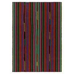 1950s Vintage Kilim Style in Red, Purple, Green Stripe Patterns by Rug & Kilim
