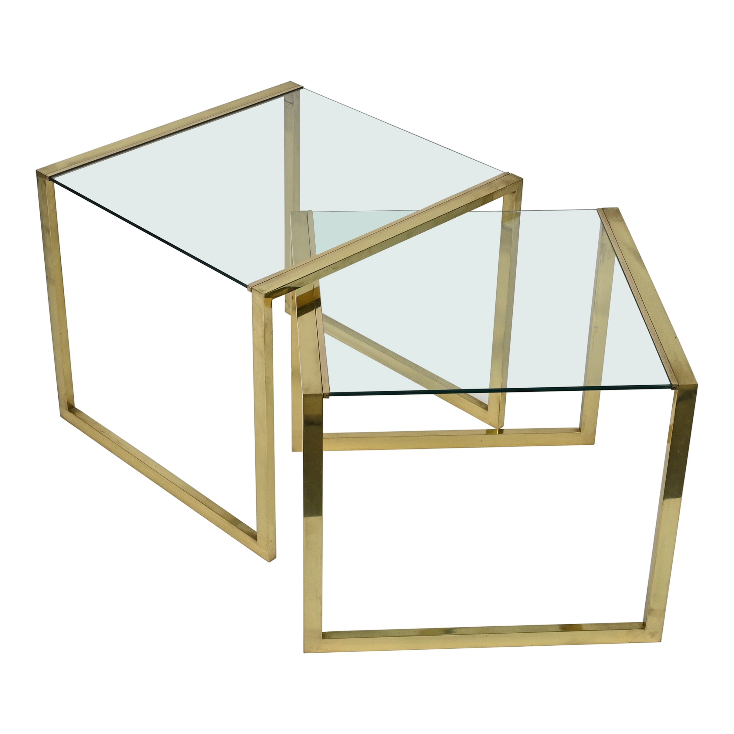 Pair of Mid-Century Brass and Crystal Glass Italian Nesting Tables, 1970s