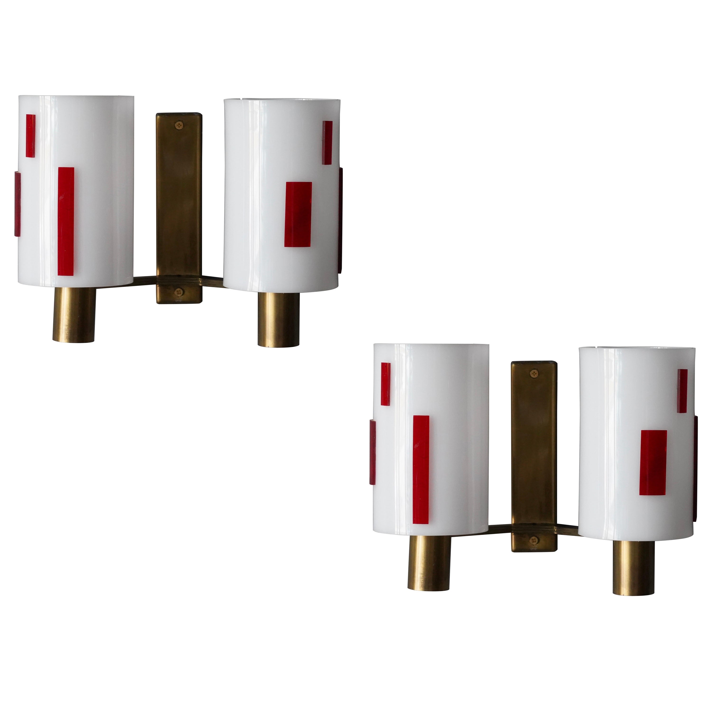 Swedish Designer, Wall Lights, Brass, Red White Acrylic, Sweden, 1960s For Sale
