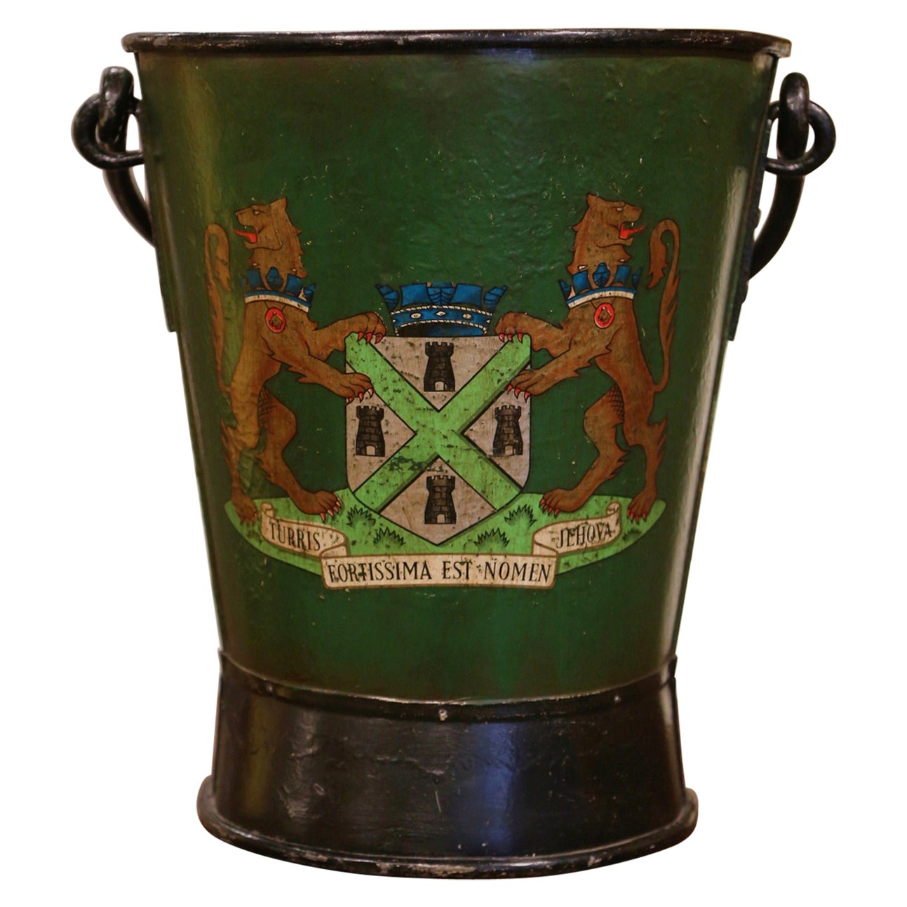 19th Century English Hand Painted Iron Coal Bucket with Plymouth Crest and Motto