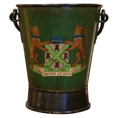 Antique 19th Century English Hand Painted Iron Coal Bucket with Plymouth Crest and Motto