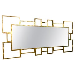 Italian Rectangular Brass Frame Mirror Geometric Shape, 1980s