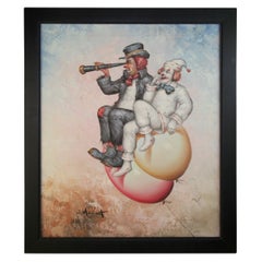 Modern Surreal Figurative Oil Painting Clowns on Flying Balloon by W. Morinet