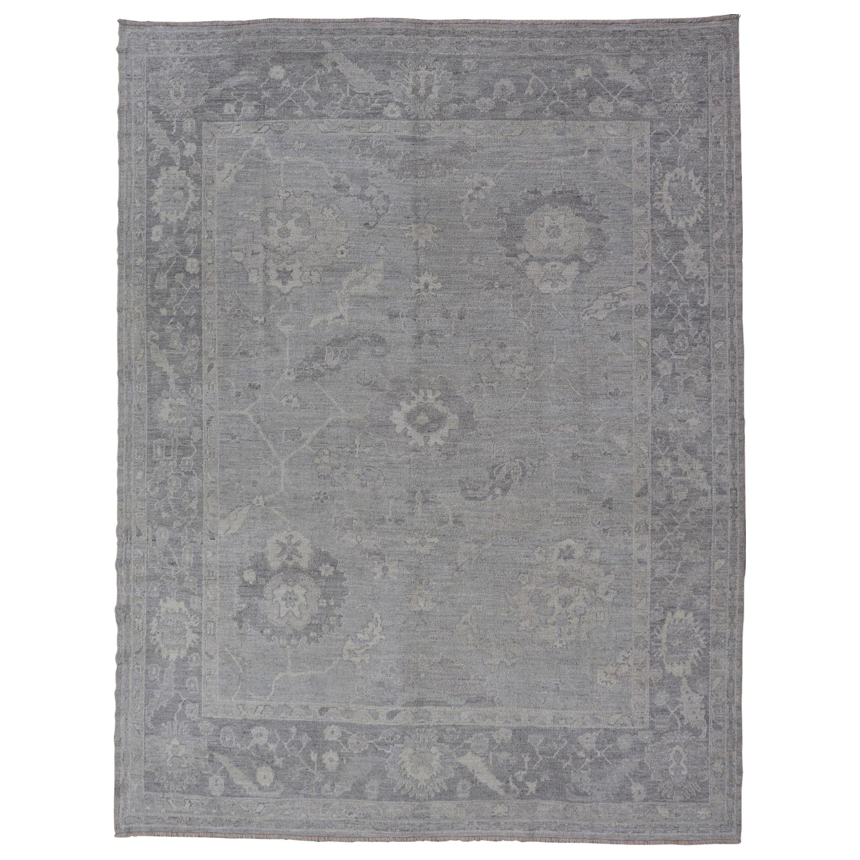 Large Hand Knotted Turkish Oushak with Floral Motifs in Gray, Taupe & Lavender
