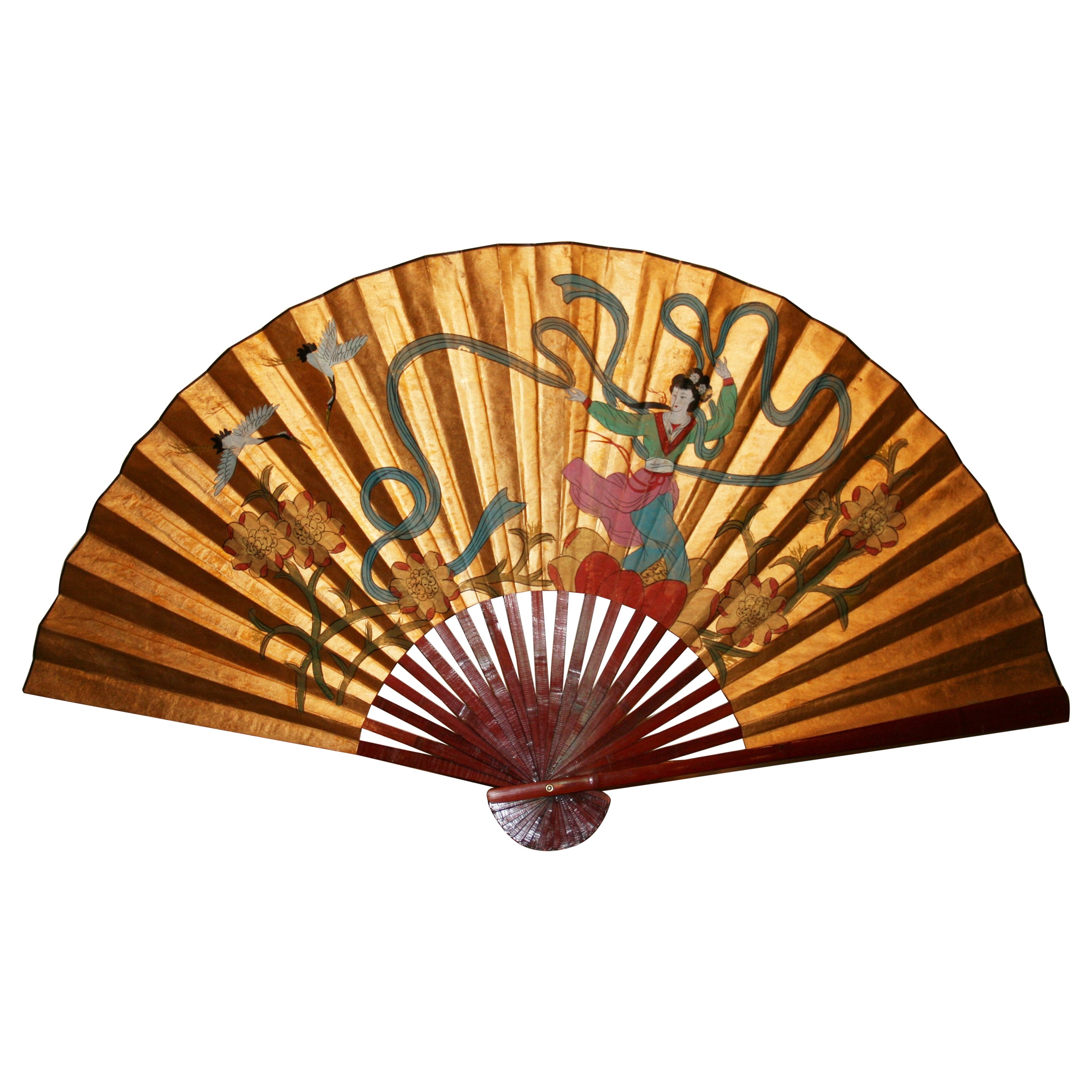 Extra Large Chinese Gilt Hand Painted Folding Fan Art / Screen For Sale