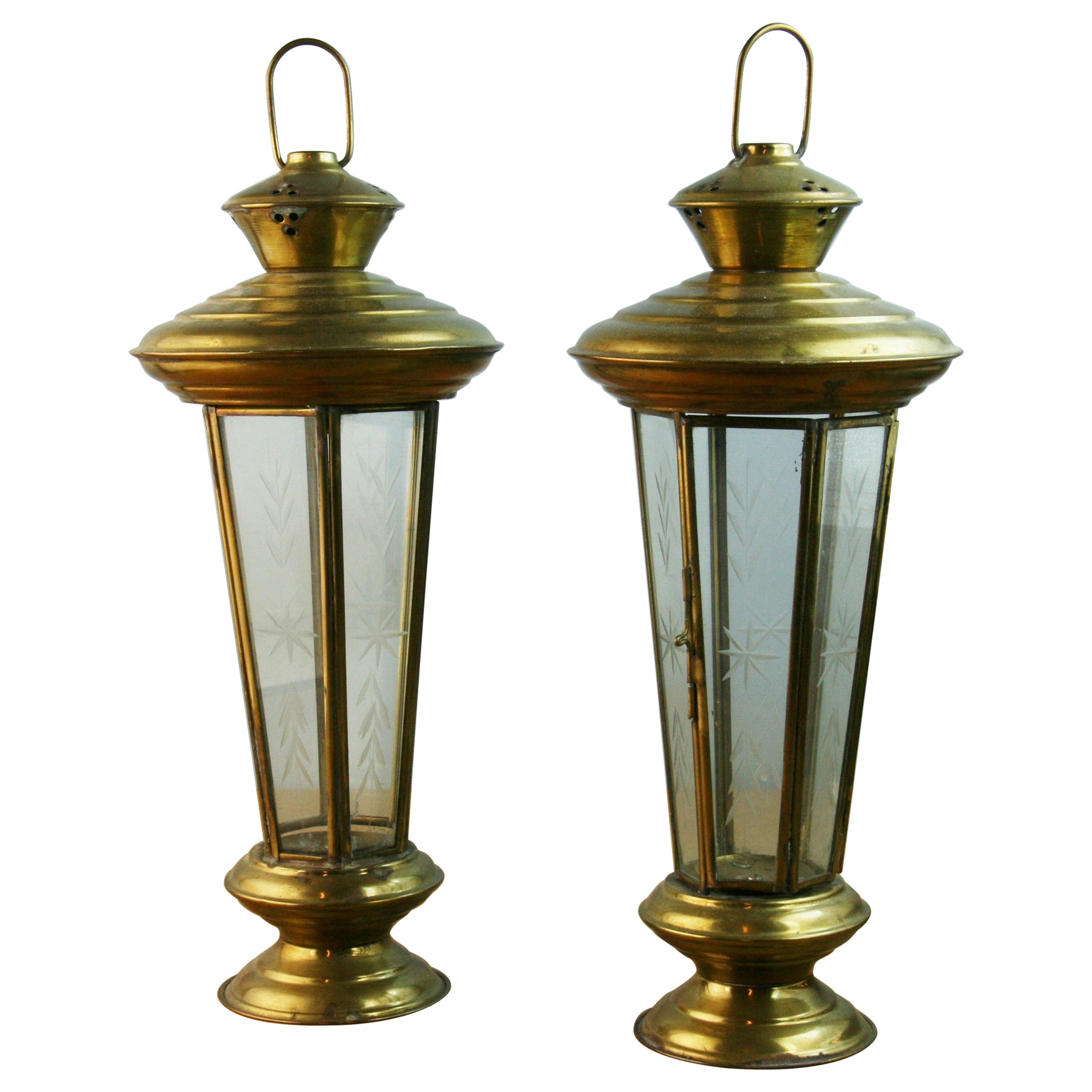 Pair American Made Brass and Cut Glass Garden Candle Lanterns with Antique Chain
