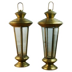 Pair American Made Brass and Cut Glass Garden Candle Lanterns with Antique Chain