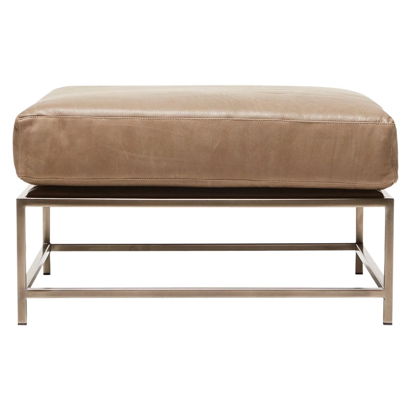 Pebbled Taupe & Antique Nickel Ottoman For Sale